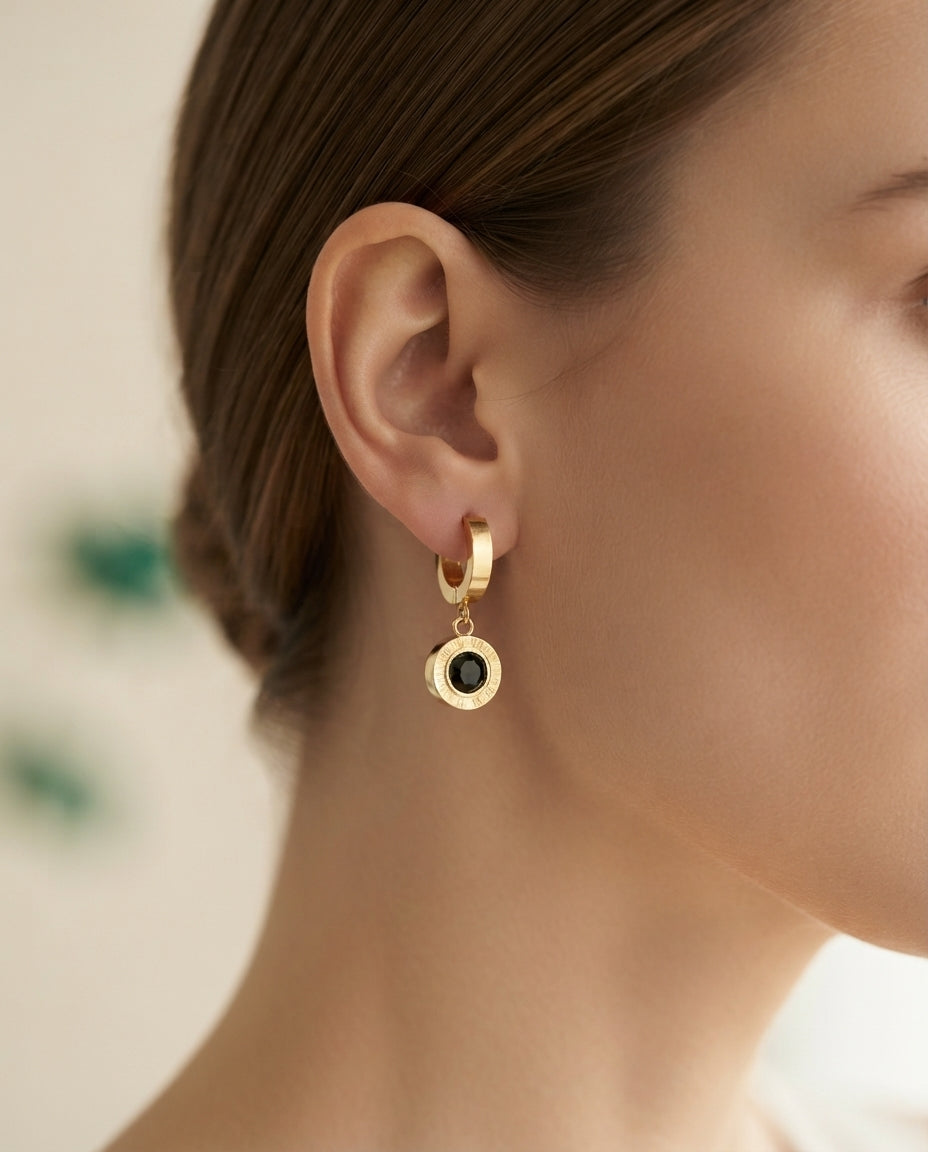 Bloslily Roman numeral black stone drop hoop earrings featuring sleek black stones and elegant jewelry design.