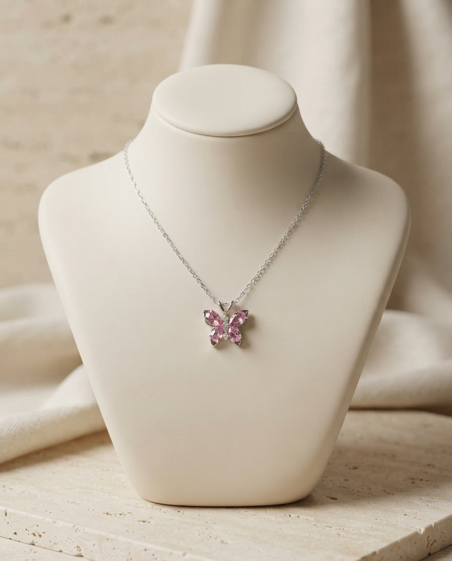 Delicate crystal butterfly necklace from Bloslily featuring a sparkling butterfly pendant on a fine chain jewelry.