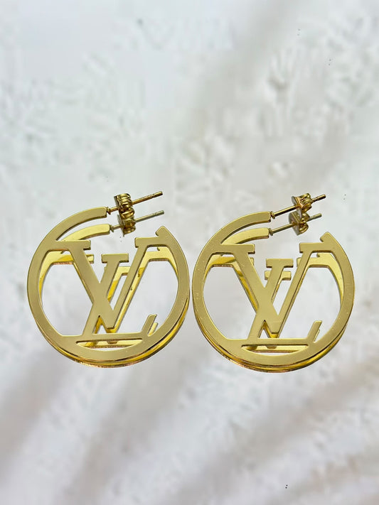 Louis Vuitton-inspired Louise hoop earrings by Bloslily, showcasing elegant gold-tone jewelry with signature design details.