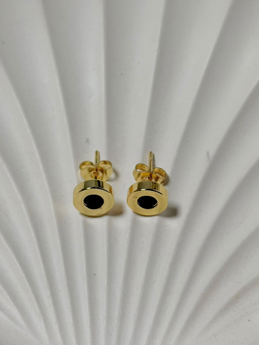 Black stone stud earrings by Bloslily, featuring sleek black jewelry with round black stones and silver settings.
