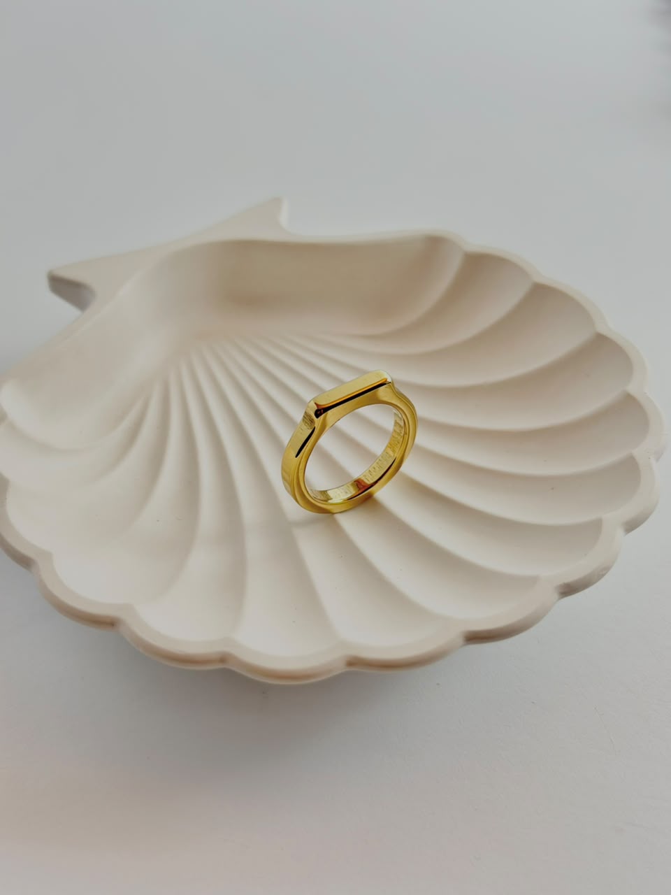 Golden flat top signet ring from Bloslily jewelry, showcasing a sleek, heavy design with a smooth, polished surface.