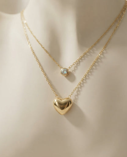 Bloslily double layer heart and solitaire necklace with a delicate heart pendant and sparkling solitaire charm on a jewelry chain