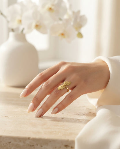 Bloslily abstract butterfly wing adjustable jewelry ring featuring a leaf-inspired wing design in silver-tone metal.