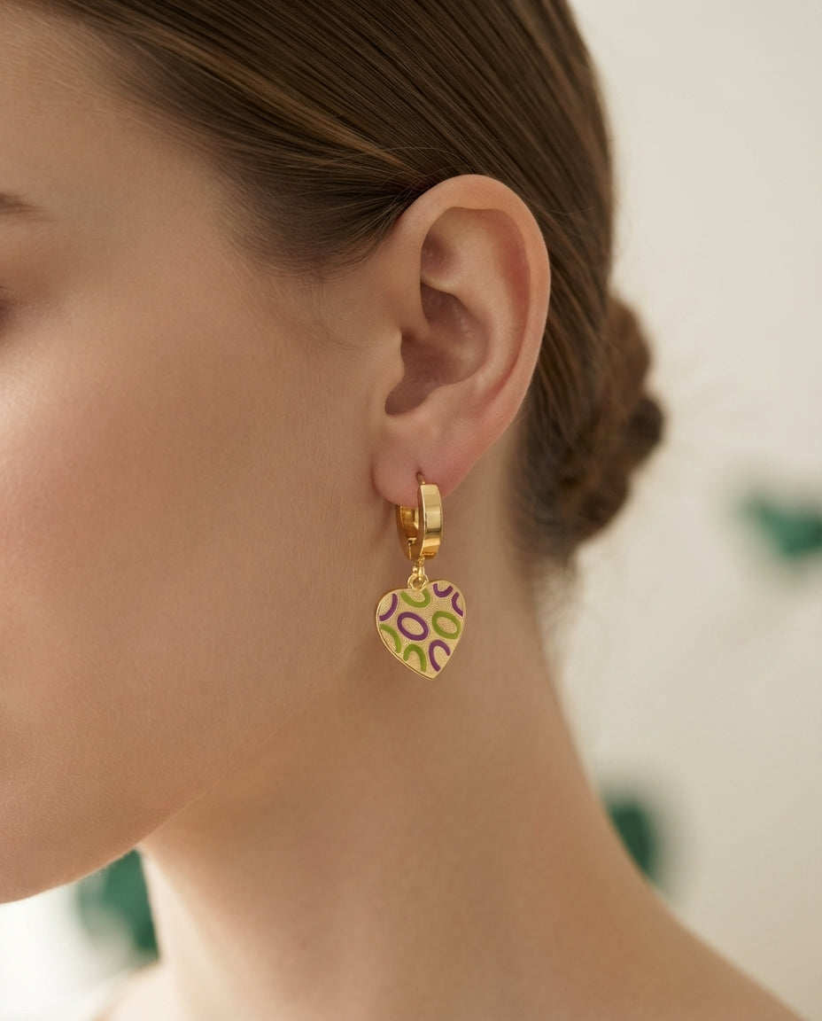 Purple and green heart pattern drop hoop earrings by Bloslily, showcasing elegant jewelry with vibrant colors and heart-shaped design.