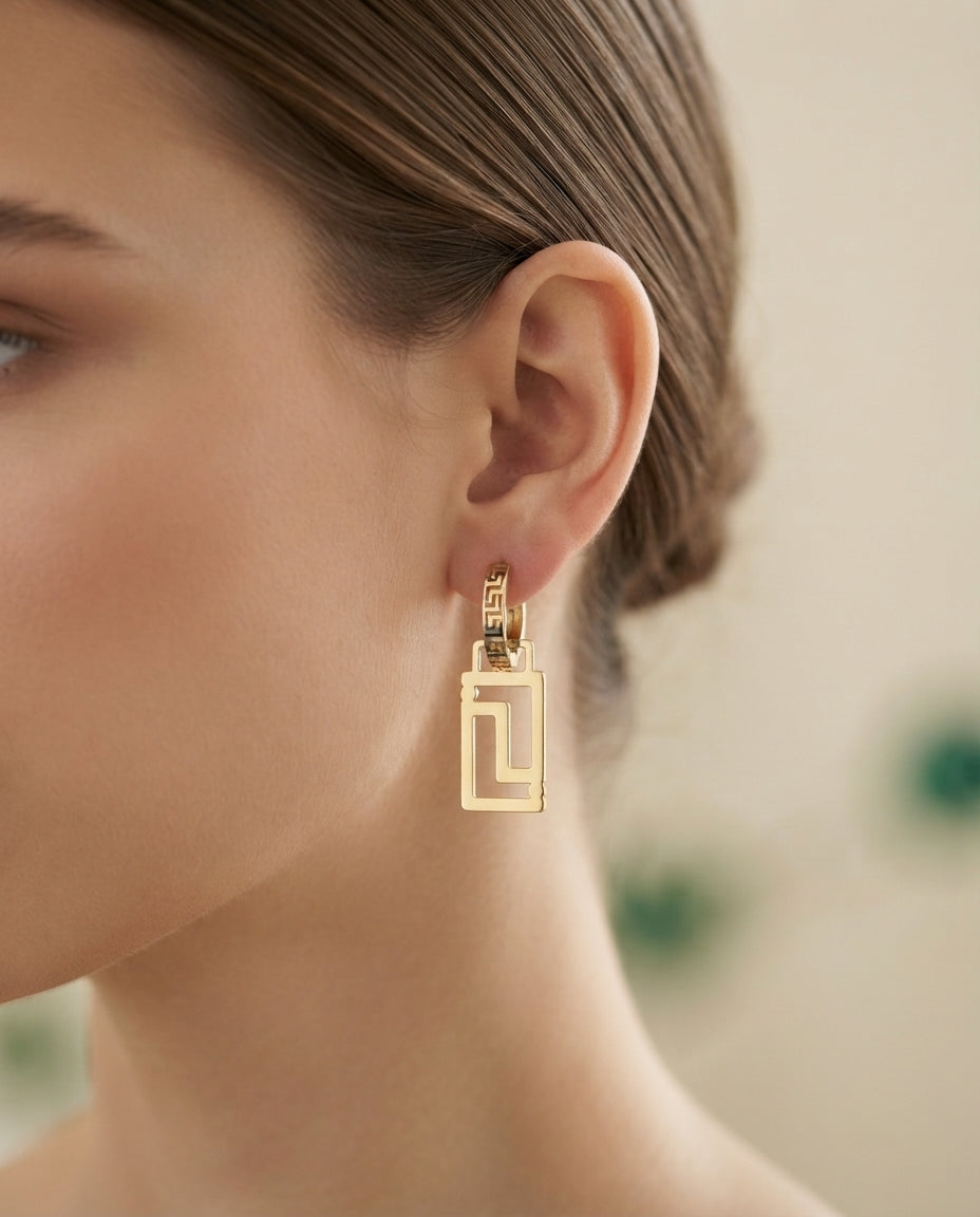 Bloslily Greek Key rectangular hoop earrings in gold with intricate geometric design, stylish jewelry for modern fashion.