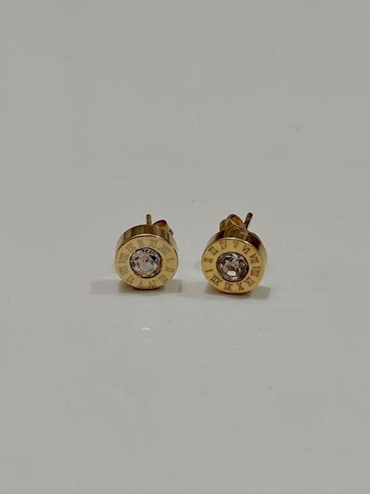 Silver Roman numeral crystal stud earrings by Bloslily featuring sparkling crystal accents on a sleek jewelry design.