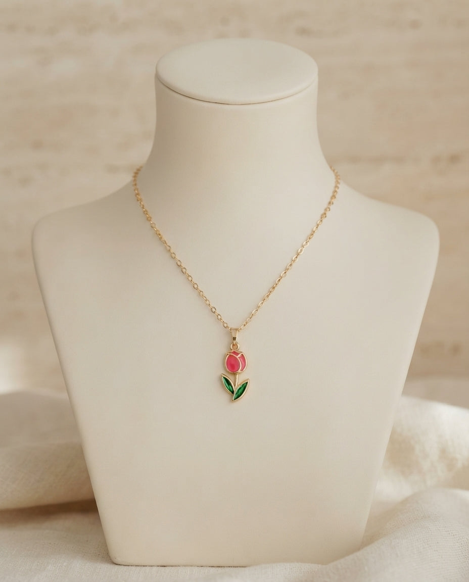 Elegant tulip-shaped jewelry necklace by Bloslily featuring a delicate floral pendant on a silver chain.